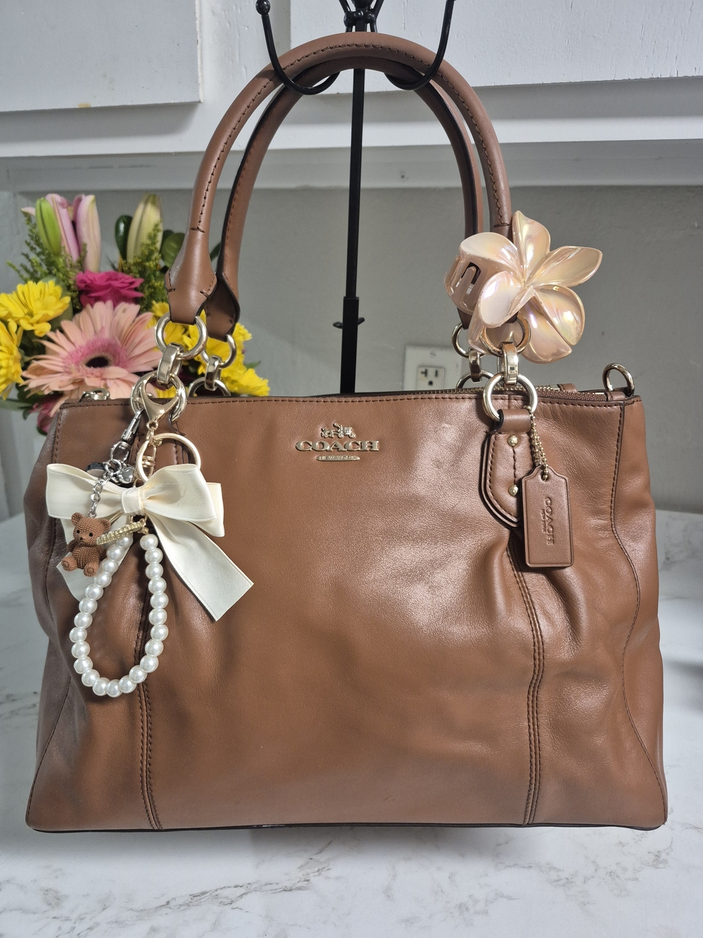 Coach Brown Leather Satchel with Decorative Charms EUC